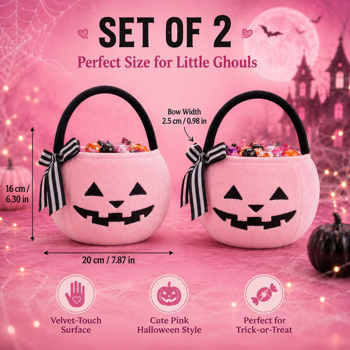RattanView 2 Pack Halloween Pumpkin Candy Bucket Pink Lantern Treat Bag 8 x 6.3 Inch Trick or Treat Basket with Embroidered Face Striped Bow Handle for Halloween Costume Accessories Candy Gift Bag