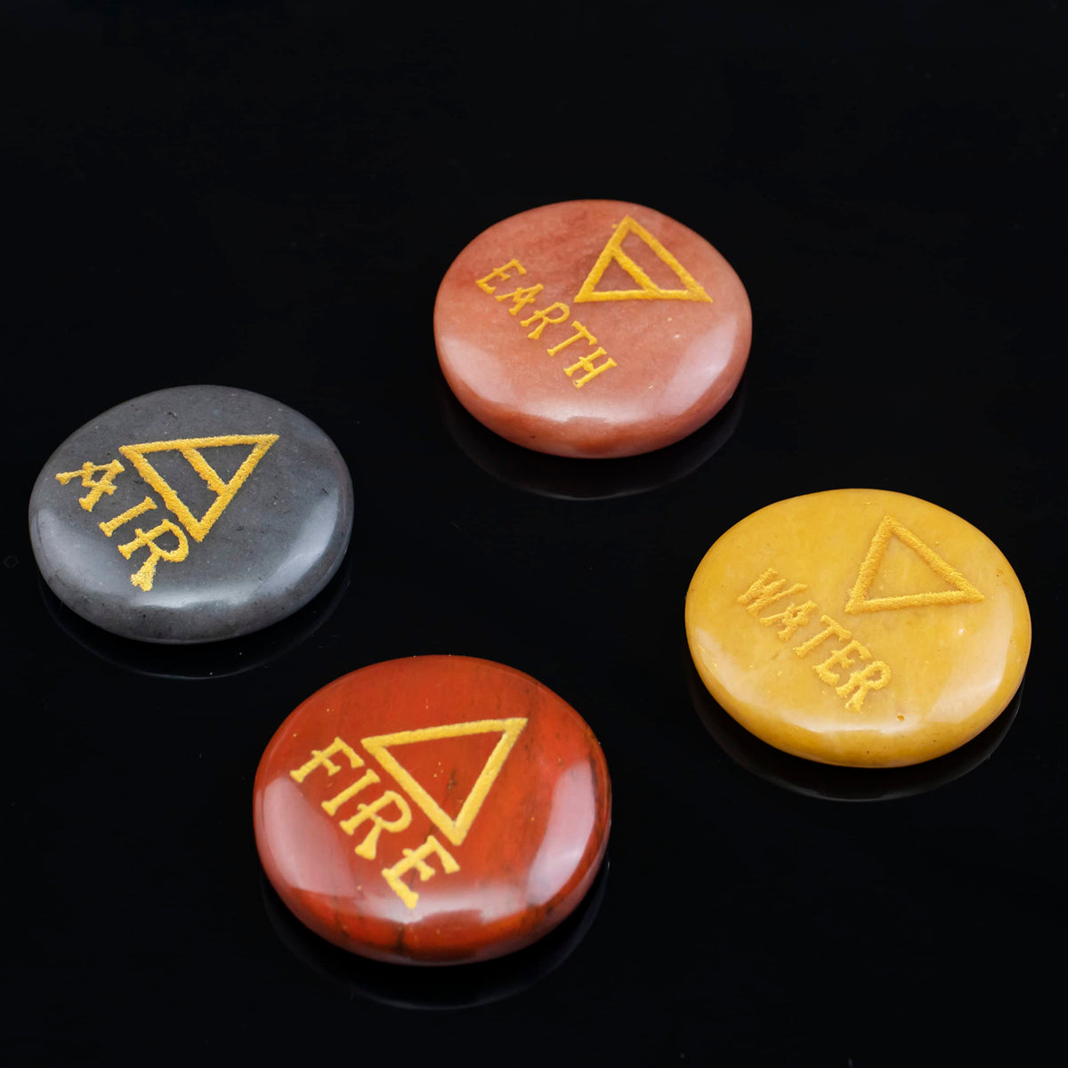 Crocon 4 Elements Assorted Stones Round Shape Engraved Triangle Symbols (Earth Air Fire Water) Polished Palm Stones for Gemstone Reiki Crystals and Healing Stones Meditation Divination Tools Gifts