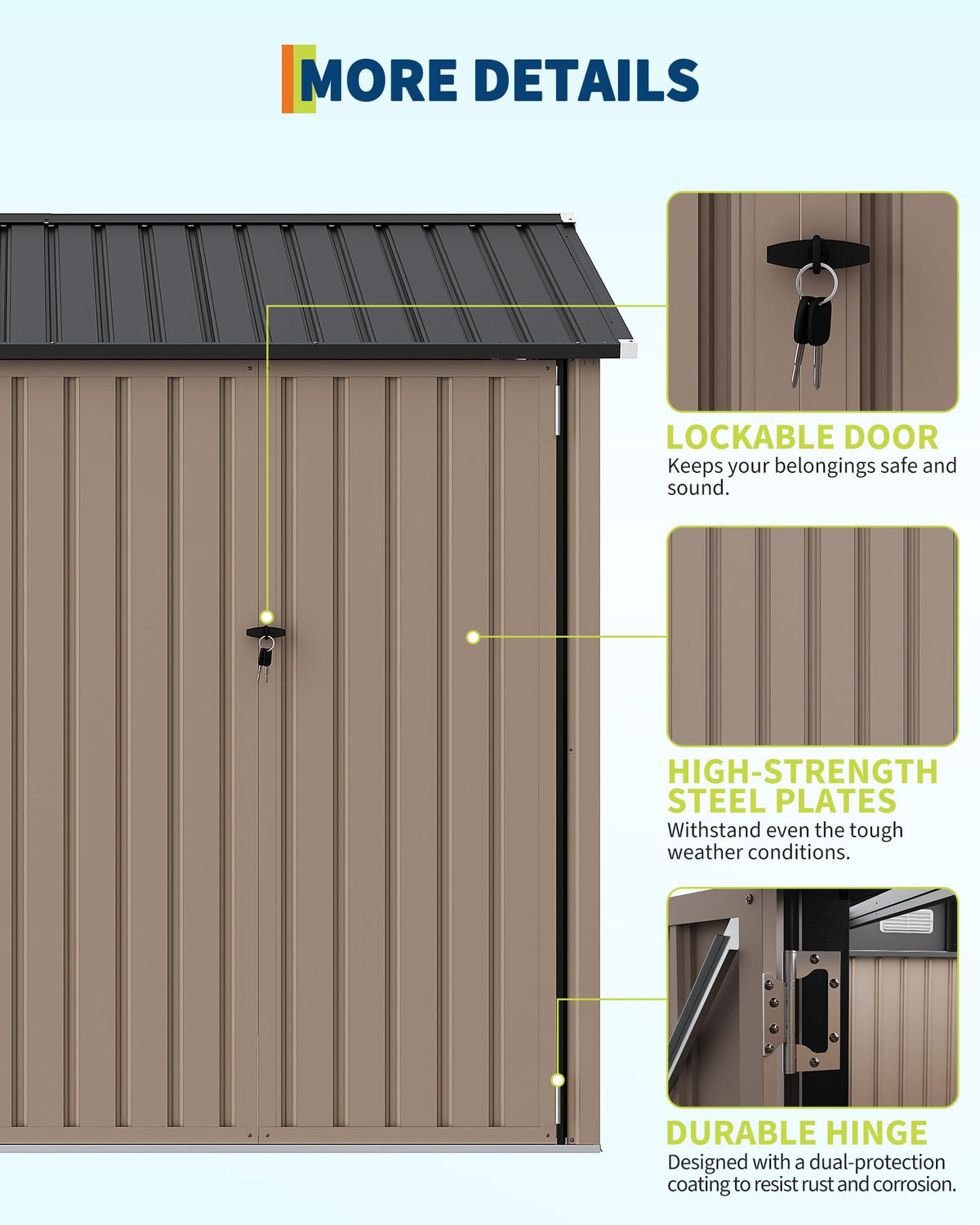 8x6 FT Outdoor Storage Shed with Window and Solar LED Light, Waterproof Metal Garden Tool Shed with Lockable Door, Vented Sloped Roof for Backyard Patio Lawn, Brown