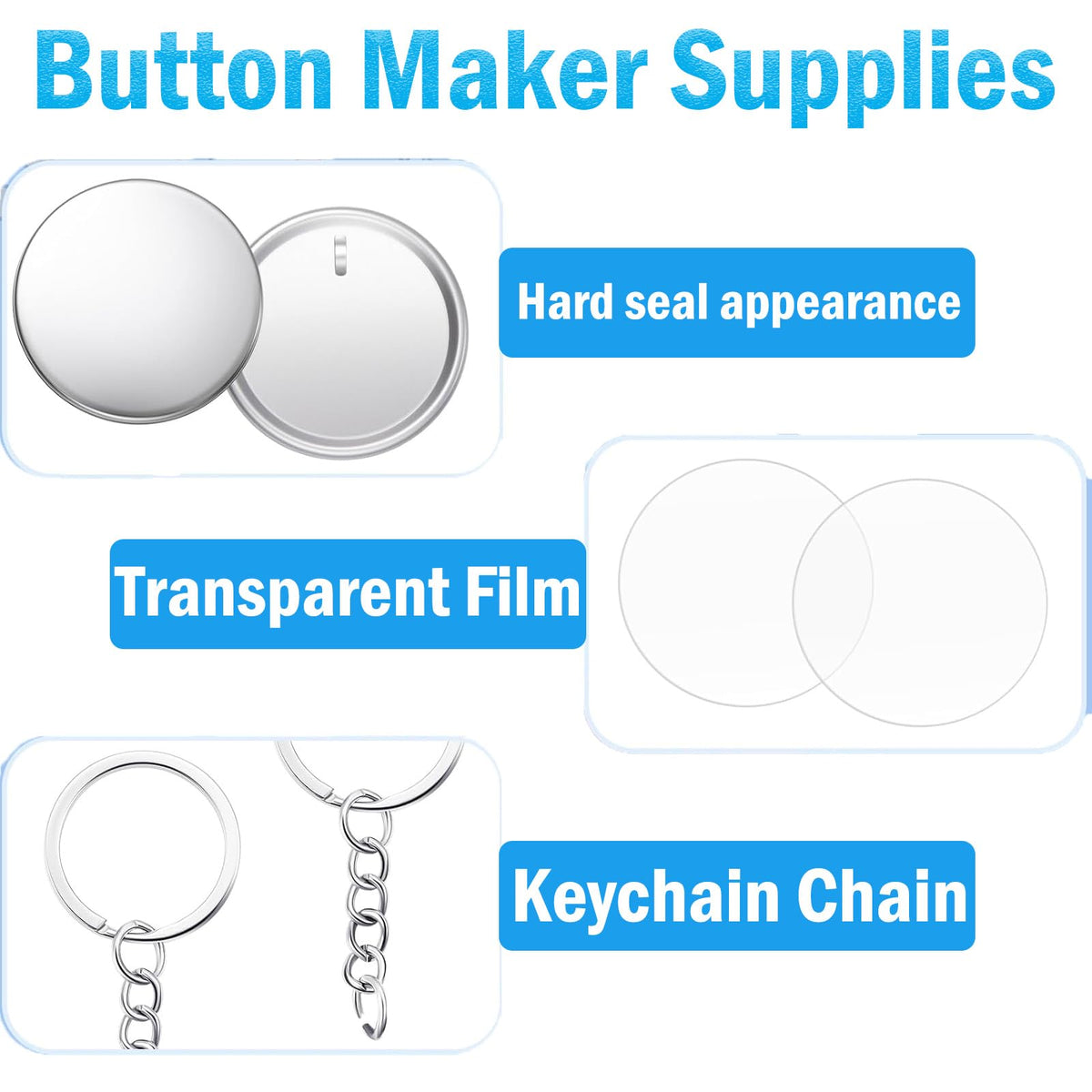 Button Maker Keychains Supplies, 200 Pcs 58mm Pin Maker Set, Metal Button Maker Supplies with Metal Shell Cover, Transparent Film & Chain Head