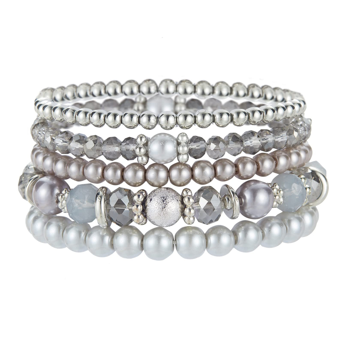 Noessla Beaded Pearl Stretch Bracelet Silver Stackable Crystal Beads Bracelets Trendy Costume Jewelry Mothers Day Gifts for Women(Grey)