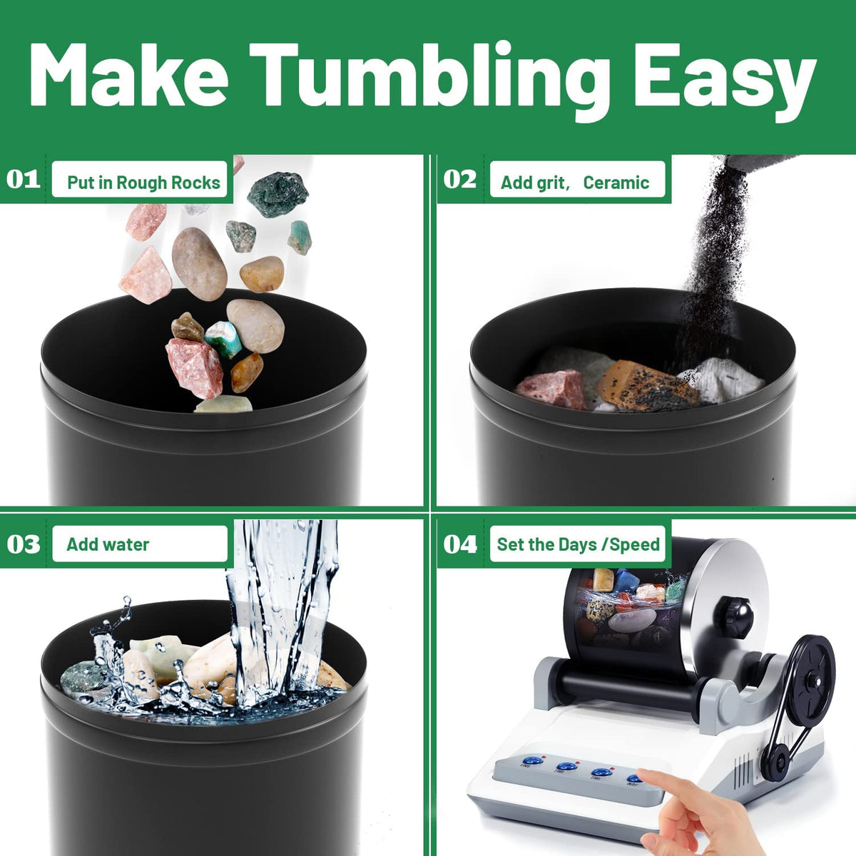Zcvtbye Rock Tumbler Kit,Rock Polisher for Kids & Adults,Includes 2 Belts,Bag of Rough Stones,4 Coarse Grinding,Finely Ground,Polishing Grits