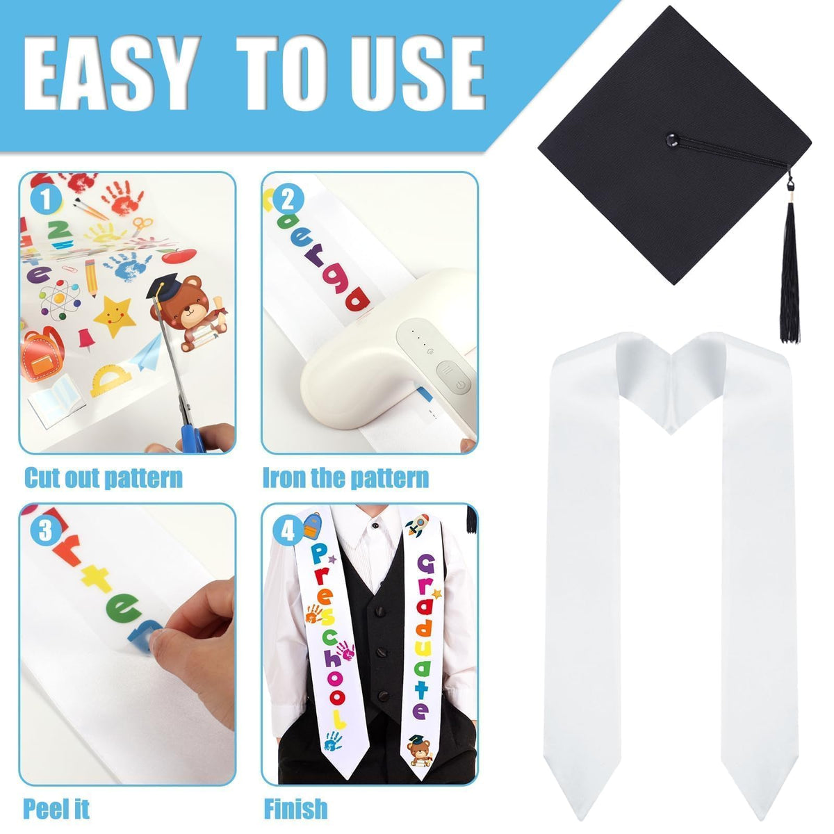 6 Pcs 2026 Preschool Kindergarten Graduation Cap Stole Iron on Letter Set Unisex Cap and Graduation Sash Sublimation Blank Stole Graduation Gifts for Kids Iron on Letters for DIY Craft