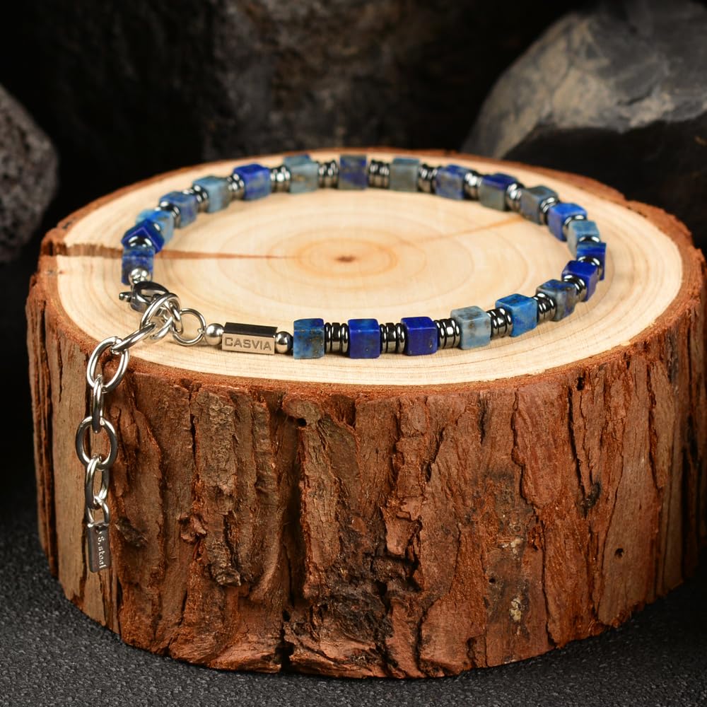 Casvia Men's Lapis Lazuli & Hematite Beaded Bracelet, Handmade Adjustable Stainless Steel Chain, Chakra Jewelry Gift for Dad, Husband, Boyfriend | Hematite Stone Bracelet