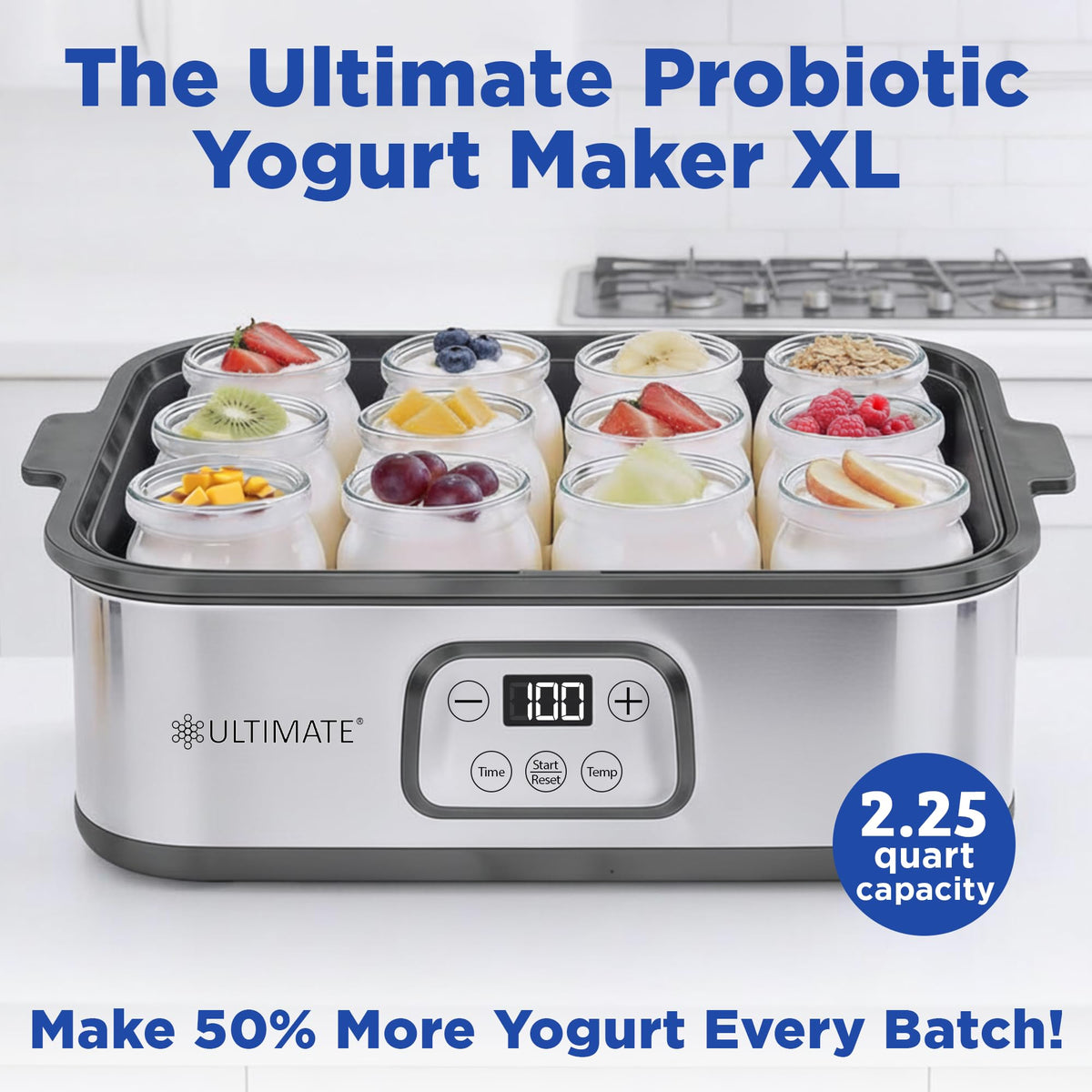 Ultimate Probiotic Yogurt Maker XL, Adjustable Time & Temperature Control, 50% More Capacity with 12 x 6oz Yogurt Jars, Make Trillions of Probiotics for Gut Health, ULTIMATE LIFETIME WARRANTY