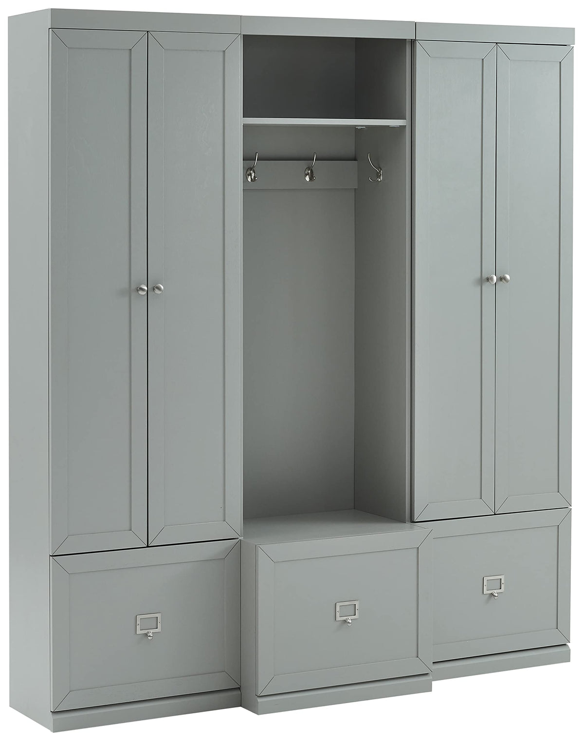Crosley Furniture Harper 3-Piece Hall Tree and Storage Cabinet Set with Entryway Bench and Hooks for Hanging, Gray
