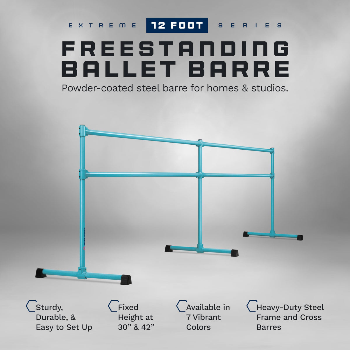 VITA Barre Portable Freestanding Double Ballet Barre, Extreme, 12 Ft Bars, Teal, Steel | Fixed Height, Made in USA, Home or Gym Exercise Equipment for Kids & Adults | Dance, Fitness, Pilates