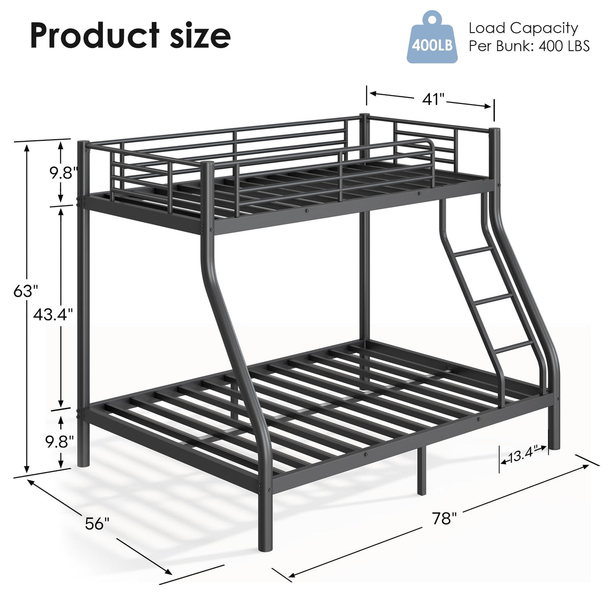 soges Twin Over Full Metal Bunk Bed Set with 6" Mattresses Included, All-in-One Bunk Bed for Adults, Heavy Duty Bunk Beds with Ladder & Guardrail, with Two Memory Foam Mattresses, Black