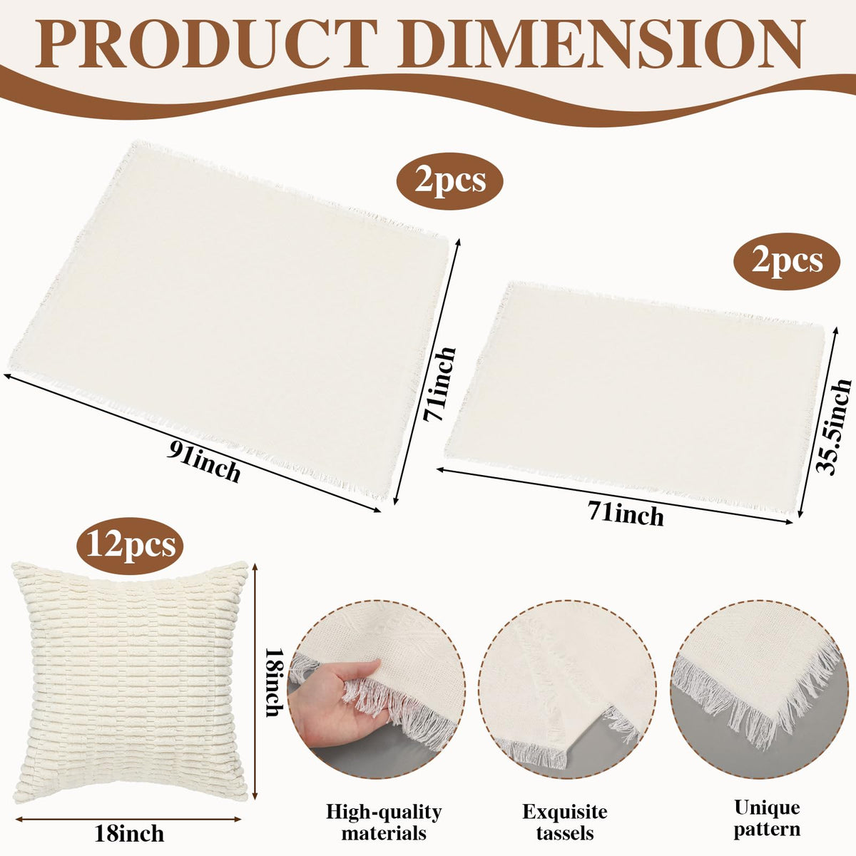Novabright 20 Pcs Boho Picnic Kit Folding Picnic Table 59'' x 20.5'' Extra Large Outdoor Boho Blanket 91'' x 71'' Beige White Table Runner 12 Pillow Cover Woven Cotton Oversize Washable for Wedding