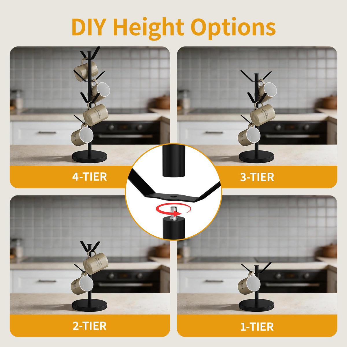 HUILAIXIAN Stainless Steel Mug Holder Tree, Updated Thick Coffee Cup Holder Base, Coffee Cups Stand Mug Holders with 8 Hooks for Countertop Cup Rack Organizer Stand (Black)