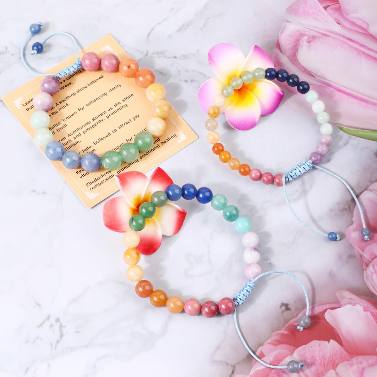 AD Beads 8mm Dopamine 7 Color - Happiness and Joy - Handmade Natural Stone Crystal Bracelet with Adjustable Macrame String - Yoga Healing Power Energy Gifts for Men and Women