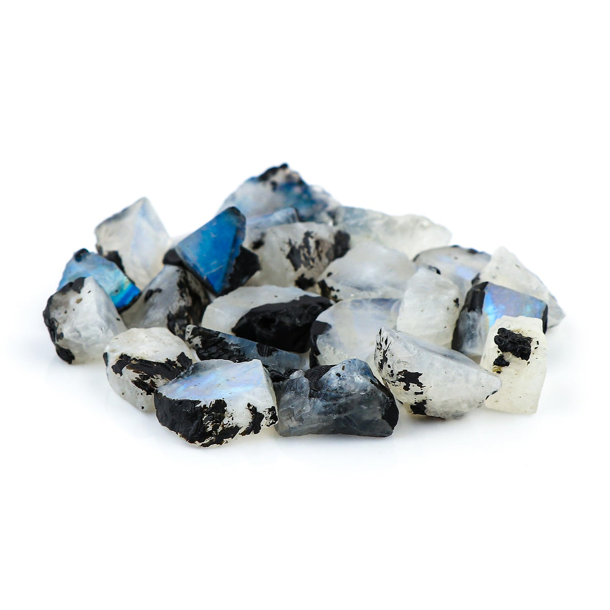Gemkora 250 ct. Natural Blue Flash Raw Tourmilated Moonstone Crystal Rough Gemstone, Rock, Jewelry Making Supplies, Chakra Healing, Art-DIY Stone, (25 to 30pcs) (10-15mm)