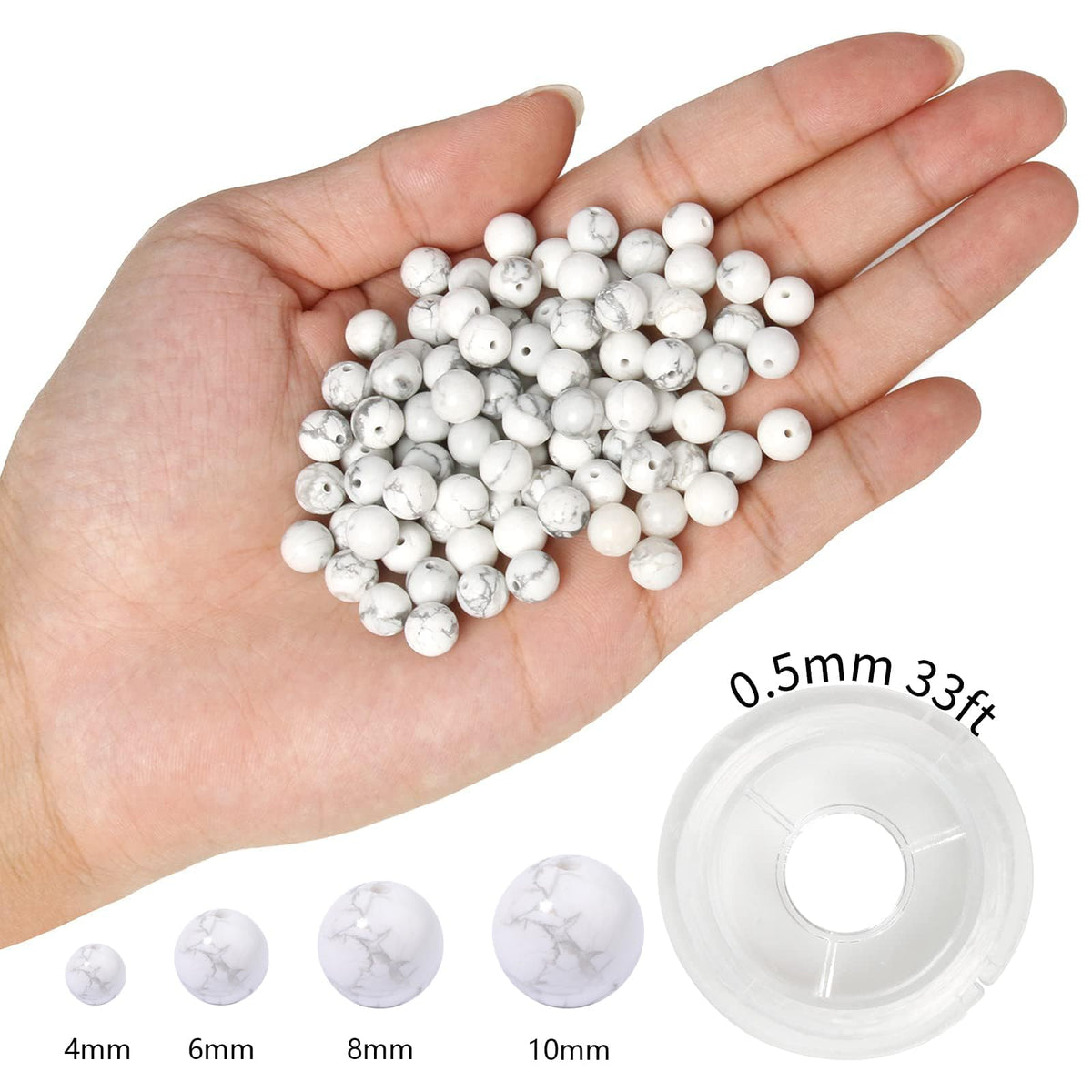 NITOPUPU 100Pcs 10mm Natural Smooth White Howlite Gemstone Beads Round Loose Stone Beads for Jewerly Making with Crystal Stretch Cord