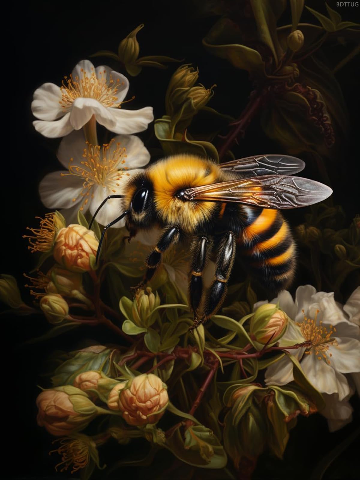 BDTTUG 5D Diamond Art Painting Kits for Adults Bumble Bee in Flower Round Full Drill DIY Gems Cross Stitch Art Kit Canvas Painting by Diamond Mosaic Craft for Home Decoration 12x16inch