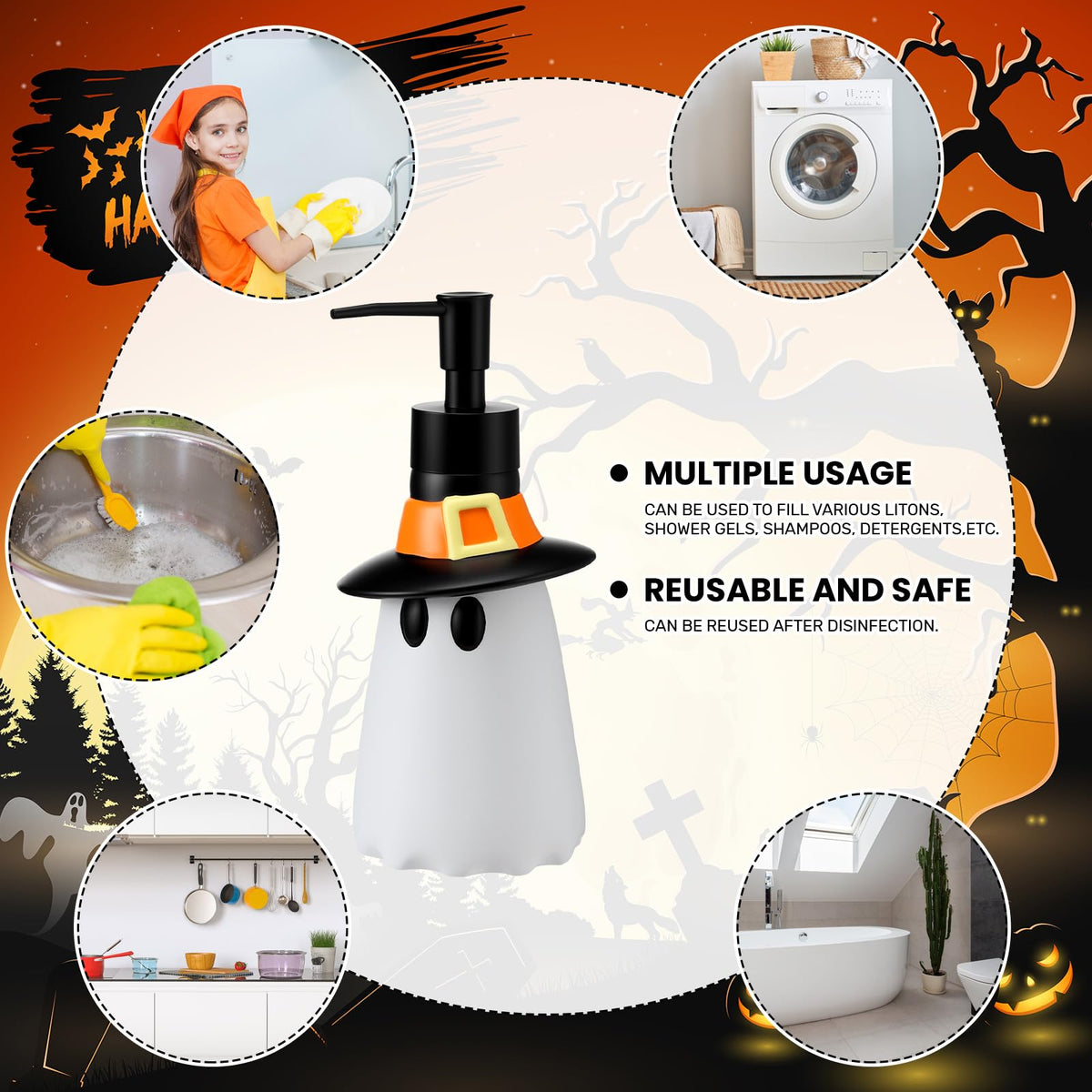 Teenyyou 4 Pcs Halloween Bathroom Accessories Ghost Soap Dispenser Lotion Pump Halloween Hand Towels Fingertip Towels with Gift Box Set for Home Bath Kitchen Decoration(Black White, Ghost)