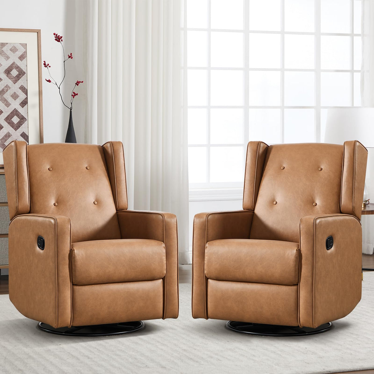 CANMOV Swivel Rocker Recliner Chair Set of 2, Nursery Glider Chair, Nursery Rocking Chairs, Manual Reclining Chair, Brown