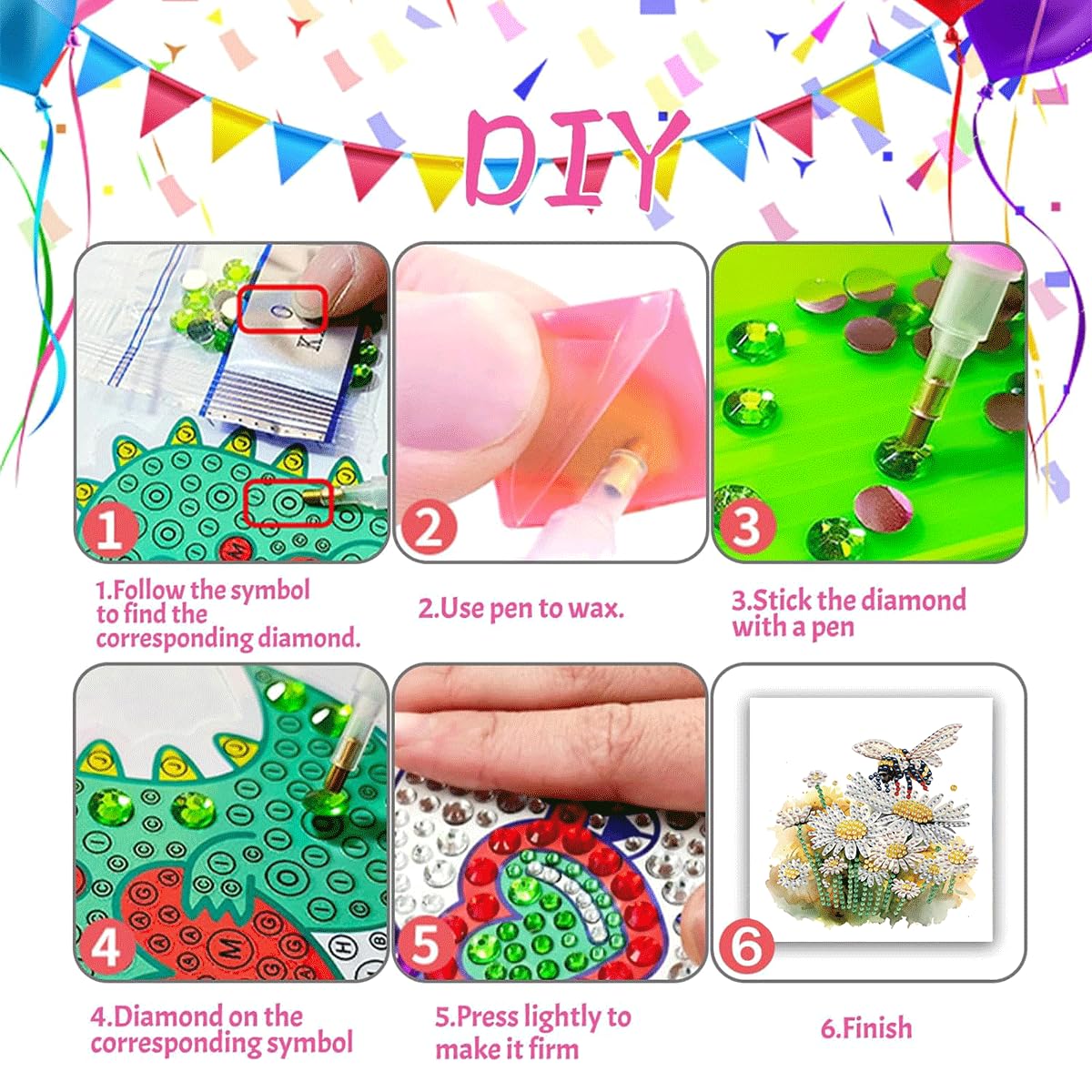 LSQFS 6 PCS Diamond Painting Greeting Cards, Daisy & Bee Floral Diamond Art Kits for Adults with Envelopes, 5.9x11.81in DIY Gem Art Craft Kit for Birthday, Thank You, Mother's Day & All Occasions