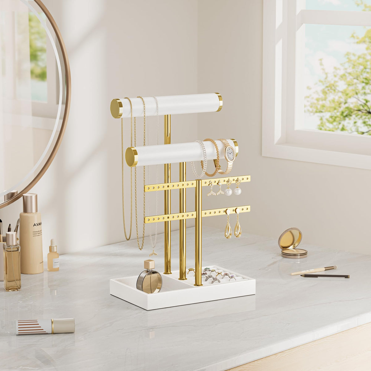 bussdis 3 Tier Bracelet Holder Display - White Leather Bracelet Holder, Detachable T Bar Jewelry Holder Organizer for Bracelet, Necklace, Earrings, Rings, Watches, Bangle
