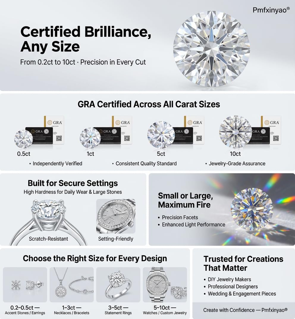 Pmfxinyao 0.2-10 Carats Moissanite Loose Gemstone, Round Cut, D Color VVS1 Clarity, with GRA Certificate. (1 Carats)