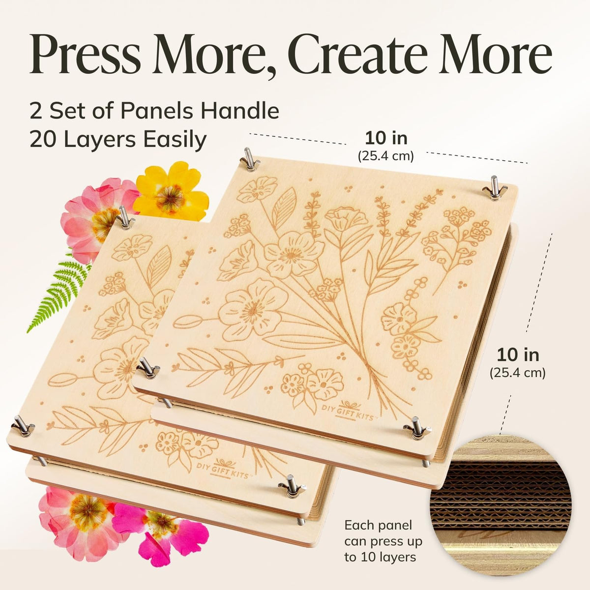 DIY Gift Kits Flower Press Kit - 20 Layers - 2 Sets of 10x10 Inch Wooden Panels - Easy Dried Flower Crafting and Preservation - Adult Beginner Gift Set