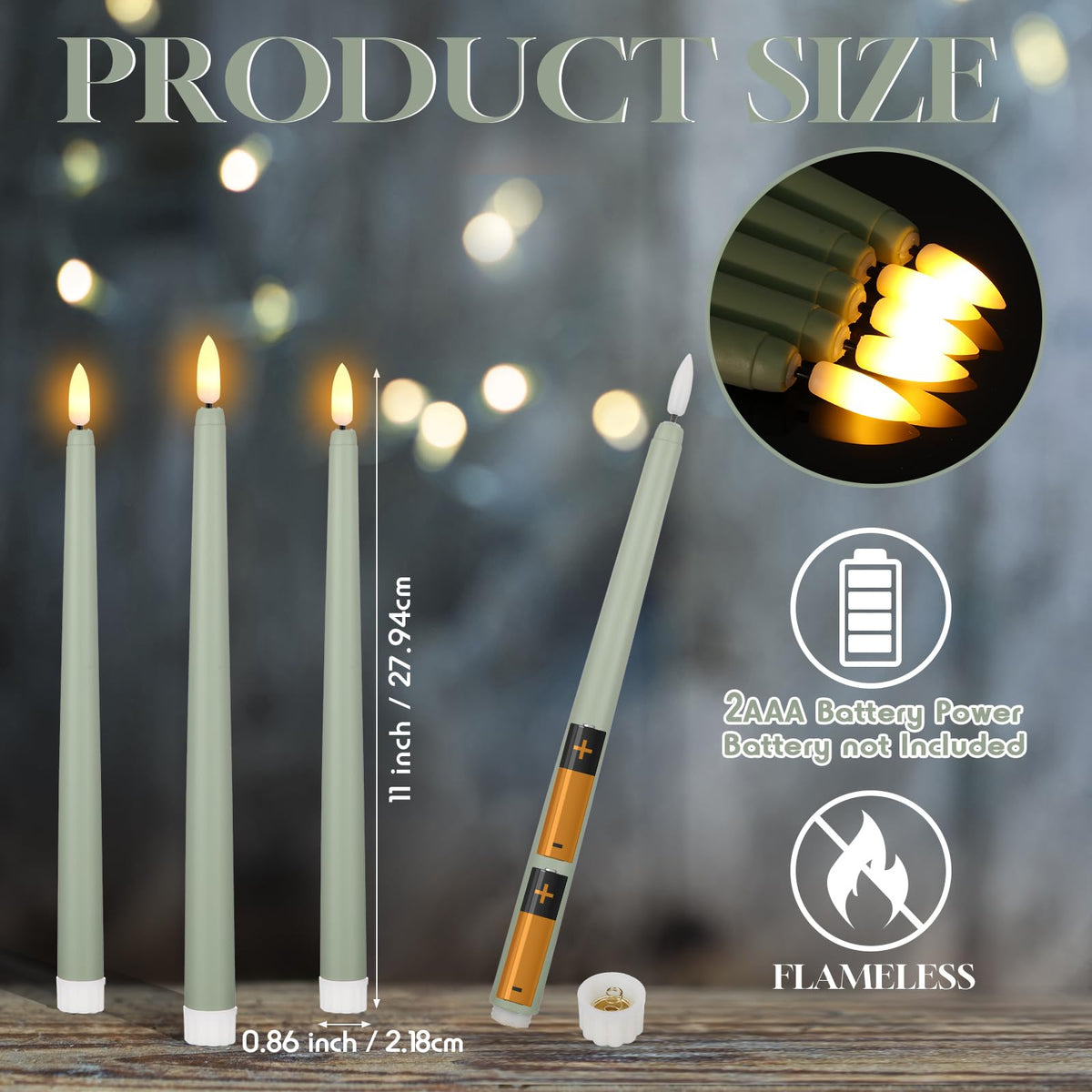 Macarrie 24 Packs Flameless Taper Candles Battery Operated Fake 11 Inch Long Candlelight LED Flameless Candlesticks Flickering Tapered for Spring Summer Wedding(Light Green)