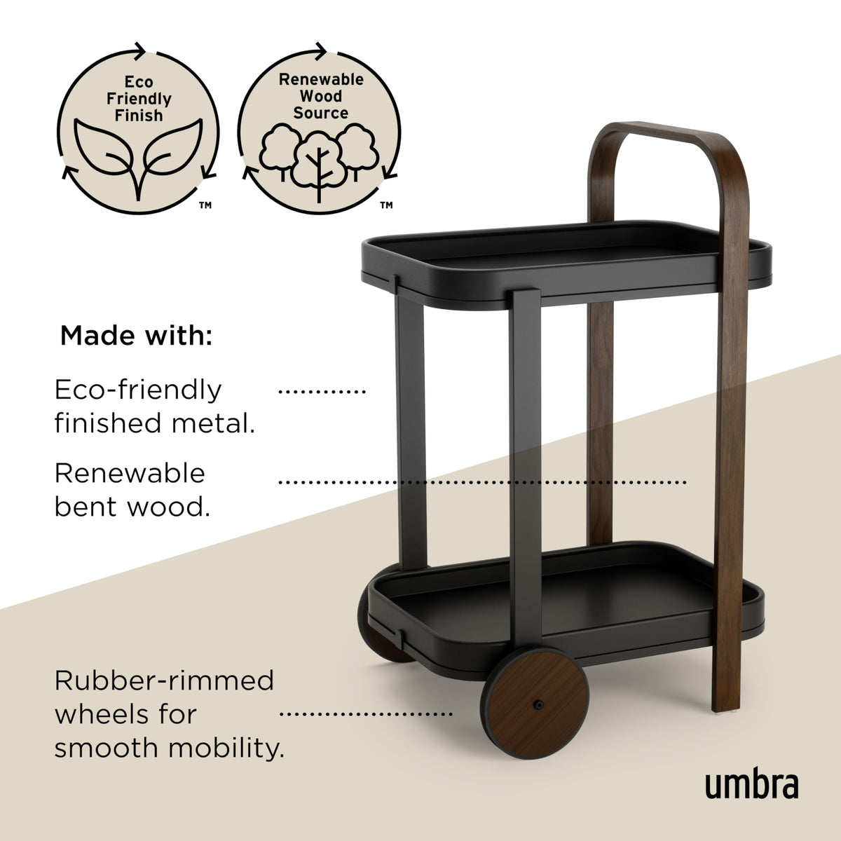 Umbra Bellwood Bar Cart, Serving Trolley, Side Table, Walnut/Black