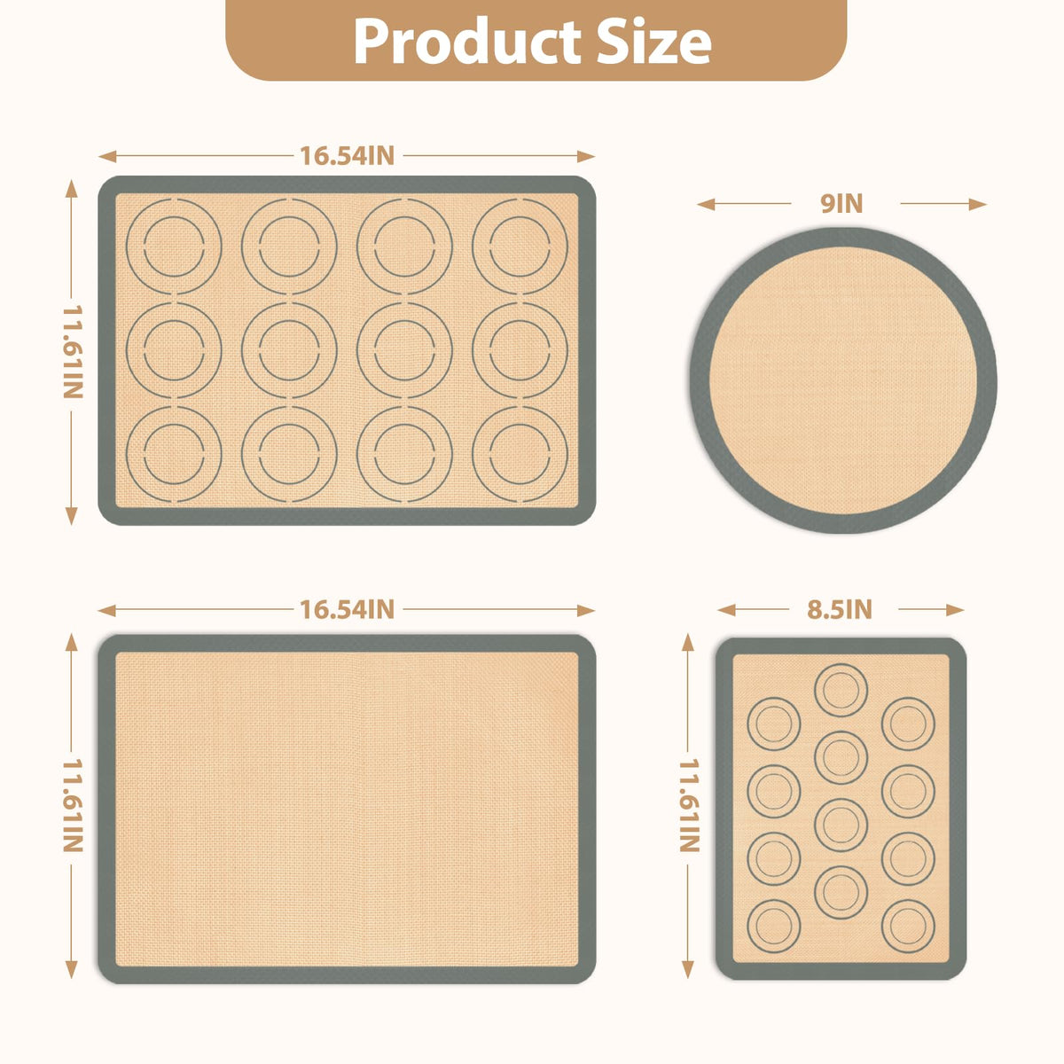 Silicone Baking Mat Set of 6, Nonstick Pastry Mat, Reusable Macaron Silicone Baking Mats & Round Pizza Mat, Cookie Baking Supplies for Macaroons, Pizza