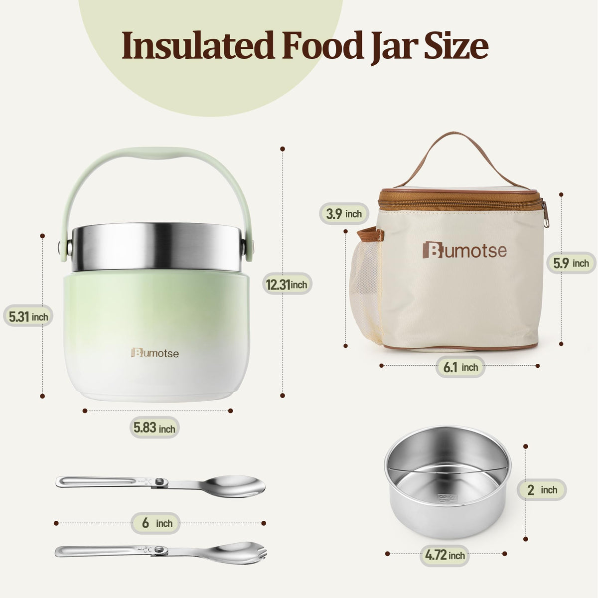 Bumotse 40oz Insulated Food Jar with 2 Compartments, Leak-Proof Thermo for Hot Food Wide Mouth Stainless Steel Includes Spoon and Fork Soup Thermo Lunch Containers Bento Box for Adults（Green