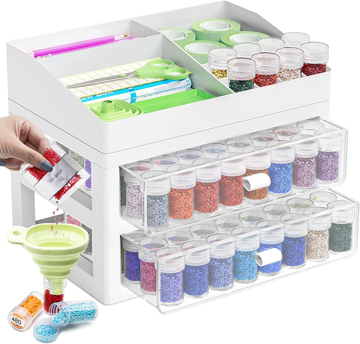 ARTDOT Storage Containers for Diamond Painting Accessories, 2 Drawers with 96 Slots Bead Storage Bottles and Diamond Art Accessories and Tools Rack