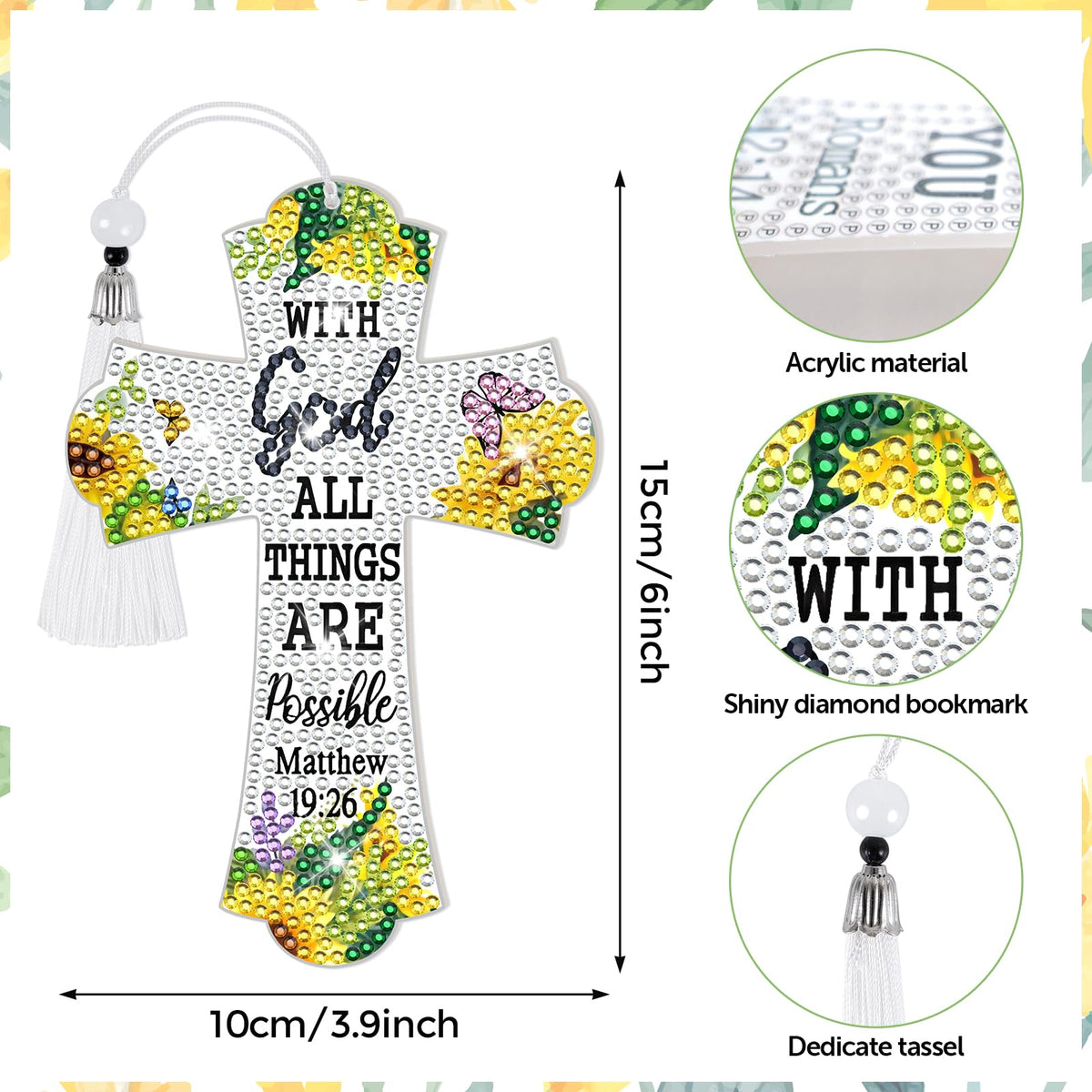 8 Pieces Christian Bible Verse Diamond Art Bookmarks 5d Christian Beaded Bookmark Acrylic Tassel Bookmark for DIY Making Beginners Kids Adults Arts Craft Supplies (Floral)