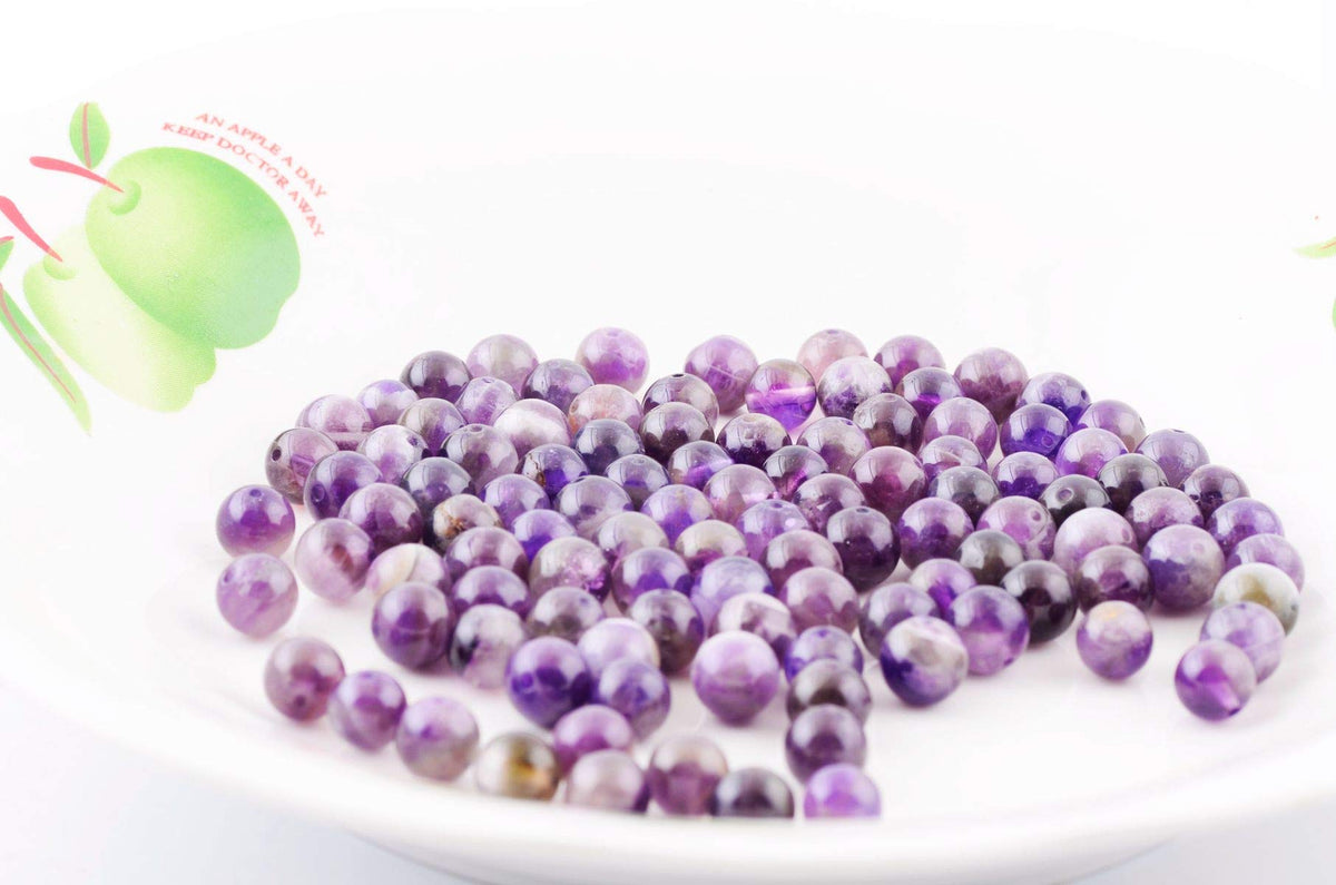 Natural Stone Beads 100pcs Round Genuine Real Stone Beading Loose Gemstones Hole Size 1mm DIY Smooth Bead for Bracelet Necklace Earrings Jewelry Making (Amethyst Purple, 6mm)