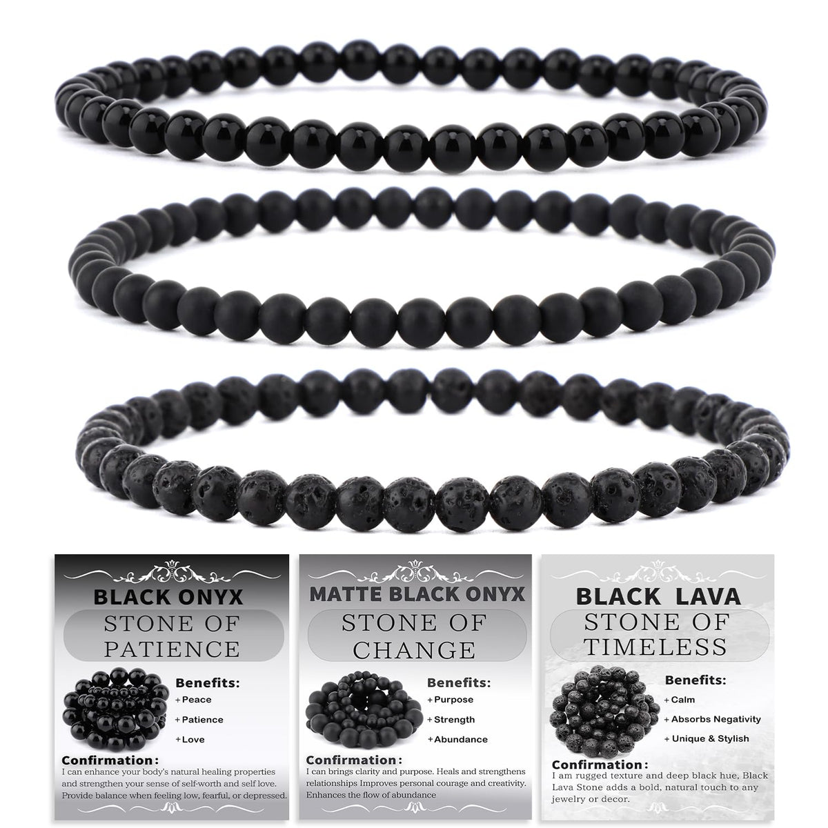 CMBYN 3-Pieces 4mm Natural Crystal Gemstone – ﻿Black Lava, Black Onyx, Matte Black Agate Handmade Reiki Energy Healing Stretch Bracelets Jewelry for Yoga, Meditation, Unisex