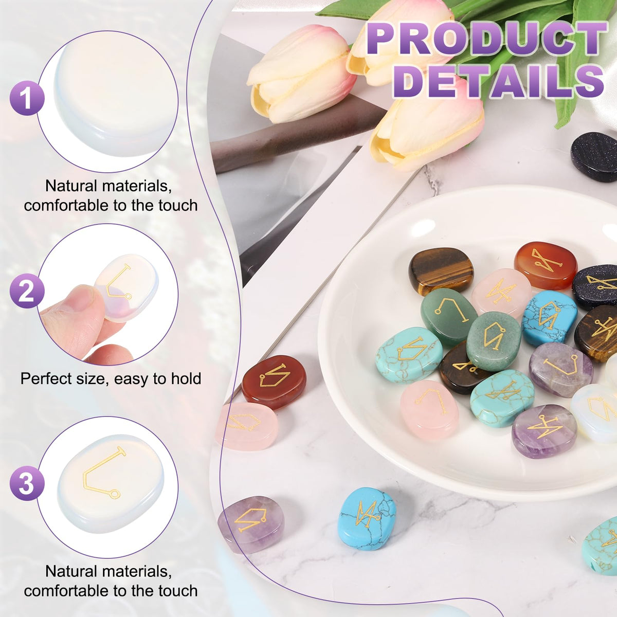 MECCANIXITY 4Pcs Engraved Chakra Stones with Reiki Symbols, Opalite Reiki Healing Crystal Gemstone 7 Chakra Crystal Stones Tumbled Palm Stone for Anxiety Relieve