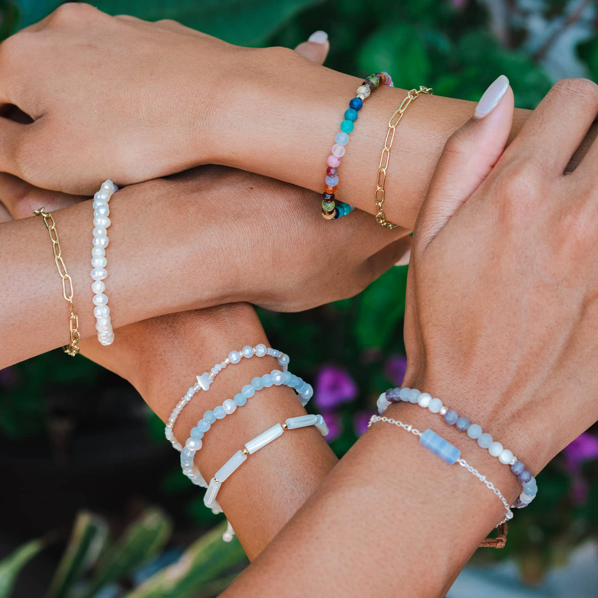 Lotus and Luna 4MM Energy Chakra Healing Bracelet with Real Stones Jade, Pearl, Rose Quartz, Amethyst, Moonstone (Intuition + Self Love)