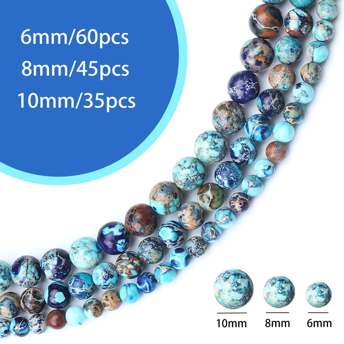 Siomia 60pcs 6mm Natural Mixed Blue Imperial Jasper Gemstone Beads Energy Healing Crystal Round Loose Stone Beads for Jewelry Making, DIY Bracelets Necklaces