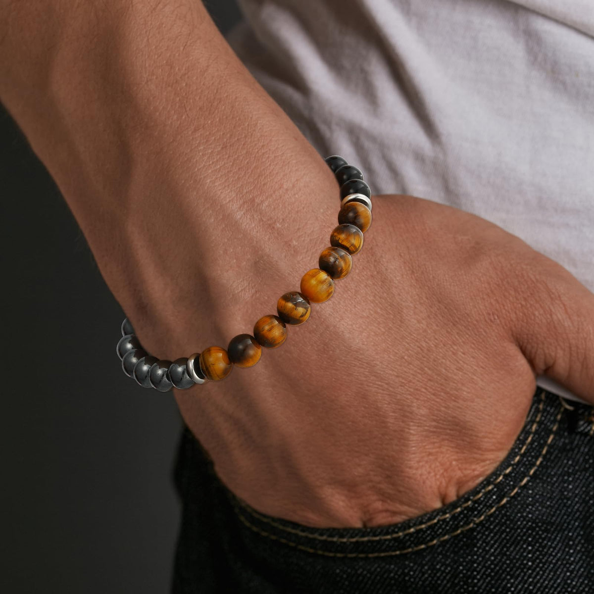 Gnamy Bracelet Gifts for Him Men Husband Boyfriend, Triple Protection Beaded Hematite Tiger Eye Black Obsidian Gemstone Bracelets Birthday Anniversary Healing Easter Valentines Christmas Jewelry Gifts