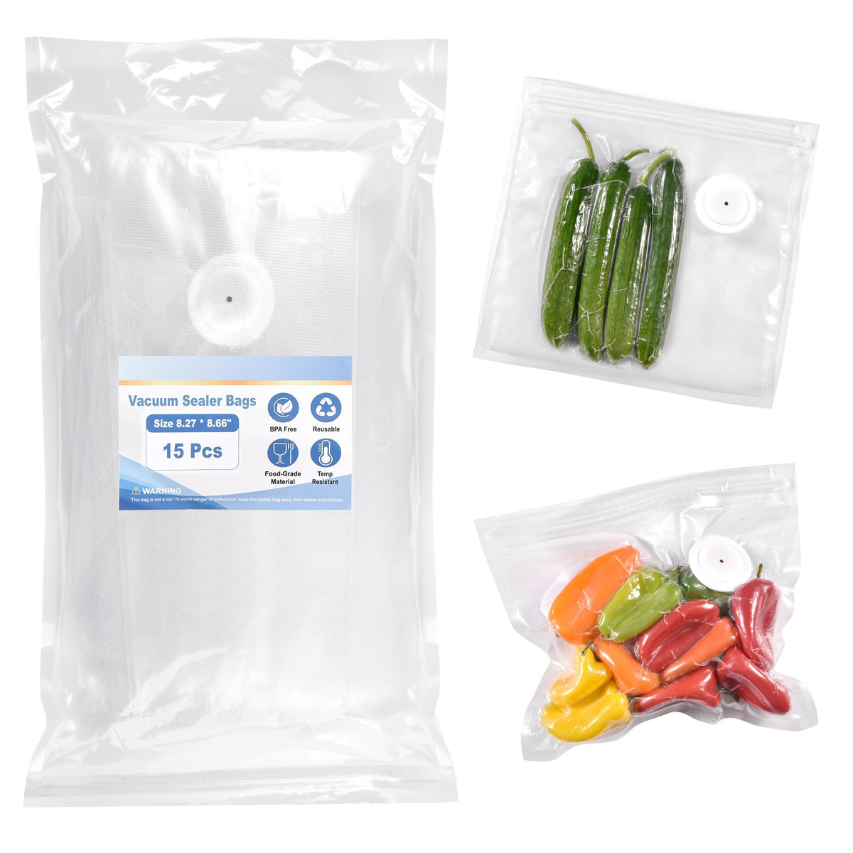 VENMATE Reusable Vacuum Sealer Bags, 15 Pack BPA-Free 8×8 Inch, Heavy-Duty Commercial Grade, Leak-Proof, Freezer Microwave Sous Vide Safe