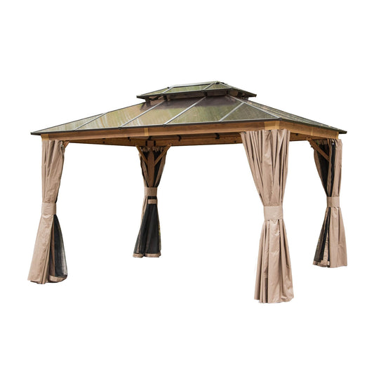 10'x12' Hardtop Gazebo, Permanent Outdoor Gazebo with Polycarbonate Double Roof, Aluminum Gazebo Pavilion with Curtain and Net for Garden, Patio, Lawns, Deck, Backyard(Wood-Looking)