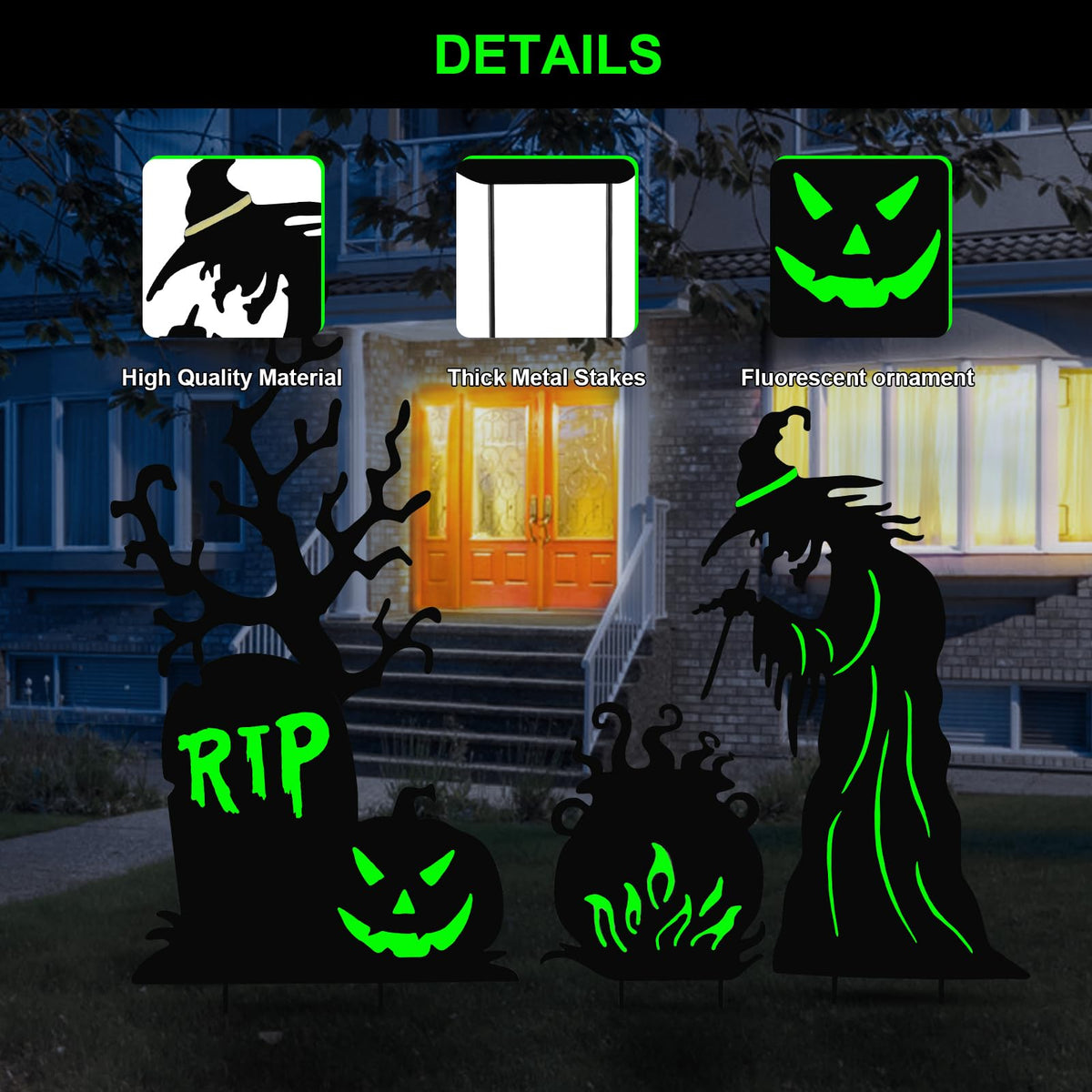 3 Pack Halloween Yard Signs Outdoor Decorations - Glow in the Dark Scary Witch Tombstone Cauldron Metal Stakes, Waterproof Fluorescent Lawn Garden Halloween Decor for Graveyard Party (Witch Tombstone Cauldron, 3 Pack)
