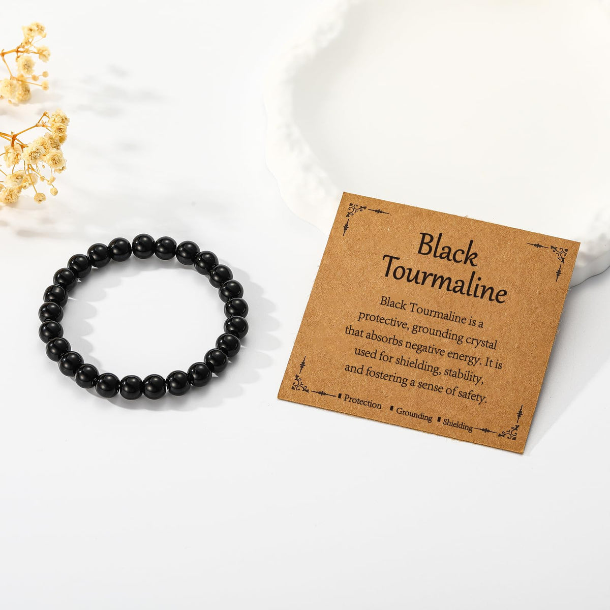 Gnamy Black Tourmaline Bracelet for Women, Healing Crystal Bracelet for Spiritual Healing Positive Energy Protection, Natural Stretch Beaded Bracelets Birthday Valentines Jewelry Gifts for Daughter Her Friends Girlfriend