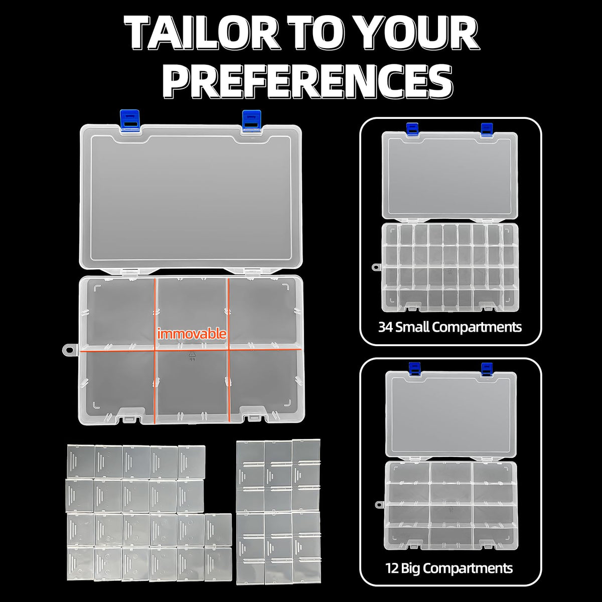 DUOFIRE Plastic Organizer Container Storage Box Adjustable Divider Removable Grid Compartment for Jewelry Beads Earring Container Tool Fishing Hook Small Accessories(34 Grids, White X 4)