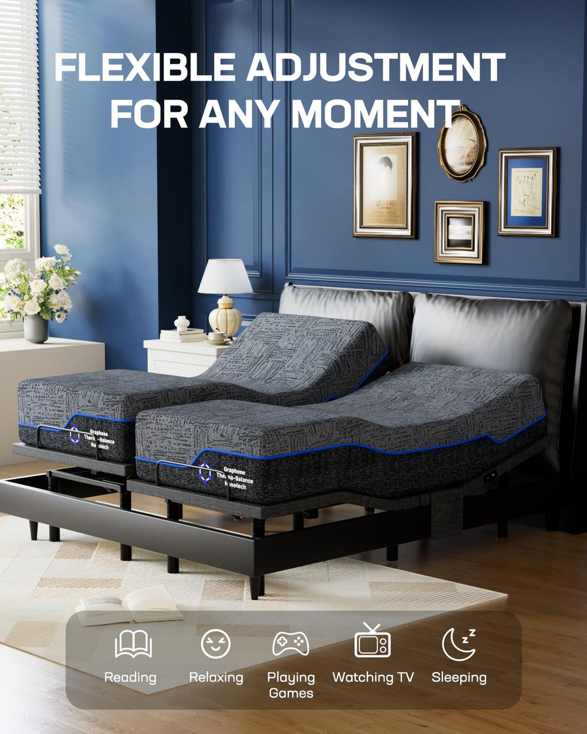 Marsail NS0 Queen Adjustable Bed Base - Smart Dual Motor Bed Frame with Wireless Remote, 3-Min Assembly, Zero Gravity & Anti-Snore Modes, Under Bed Lighting, 4 USB Ports