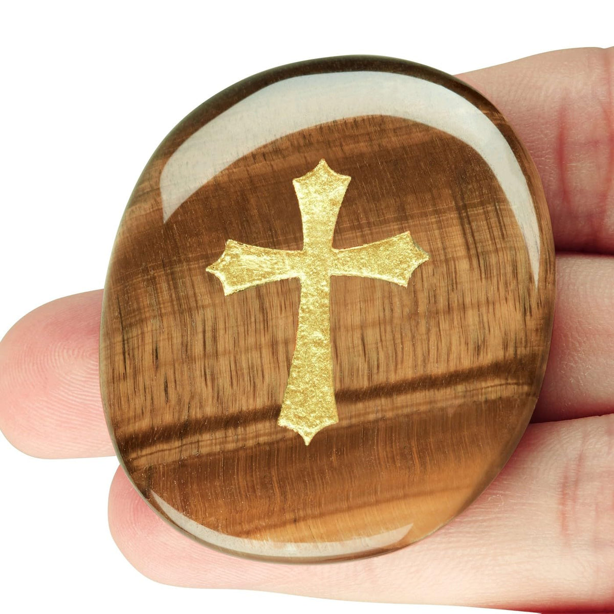 LAIDANLA Tiger Eye Cross Engraved Healing Crystal Worry Stones for Pray Faith Anxiety Relief Oval Palm Stone Polished Natural Crystal Gifts