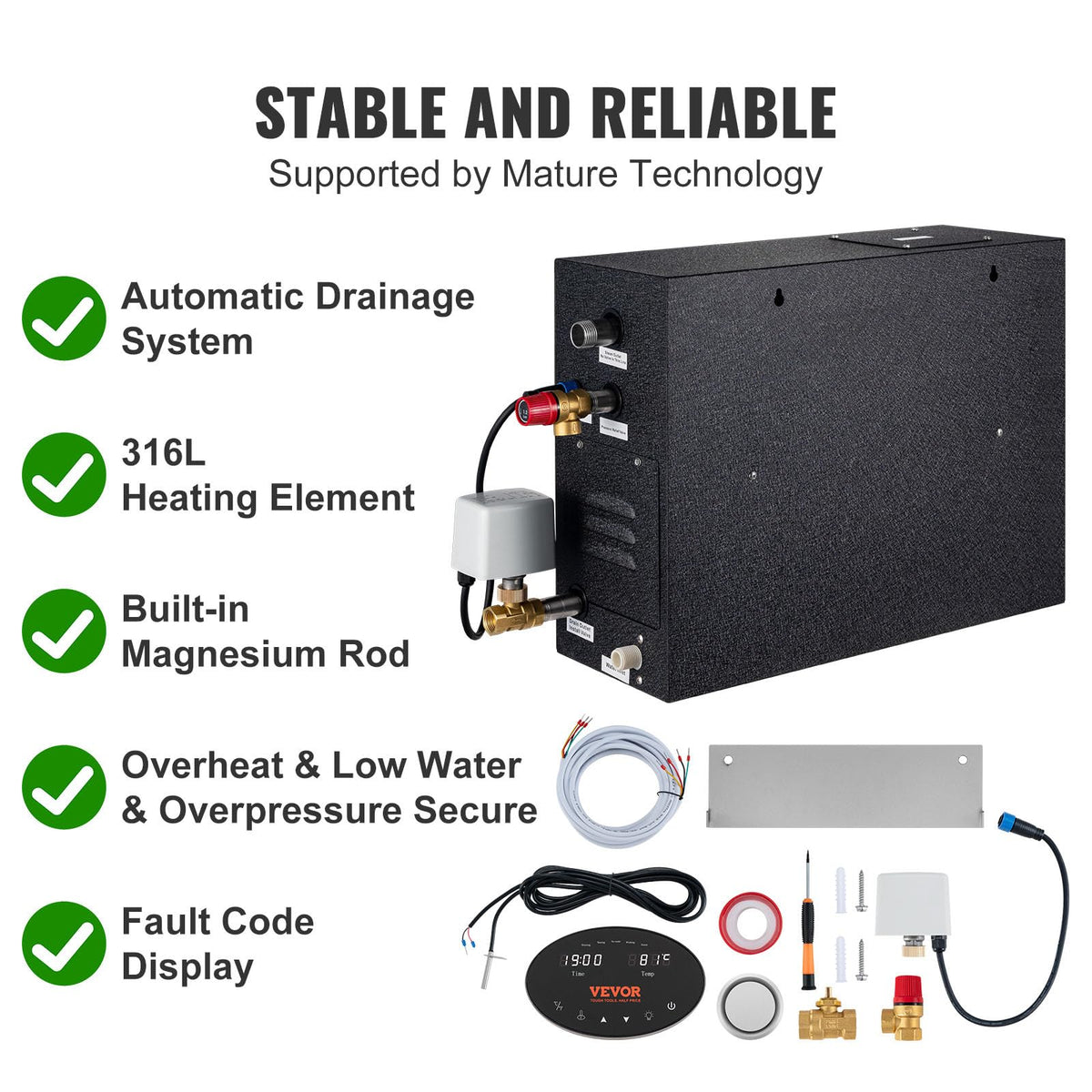 VEVOR Steam Shower Generator, 12 kW, Segmented Heating System with Temperature Customization & 24h Timer, Automatic Drainage Steam Bath Kit for Home Use