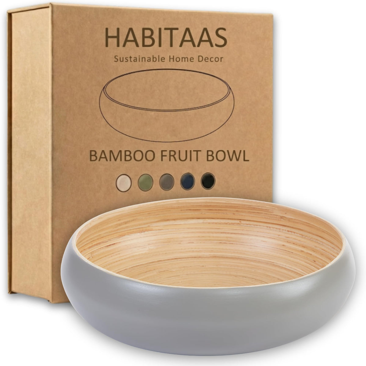 HABITAAS Fruit Bowl for Kitchen Counter – Handmade Spun Bamboo, Large 11.75" Fruit Basket, Eco-Friendly Decorative Serving Bowl for Home Decor, Produce Storage & Centerpiece (Gray)