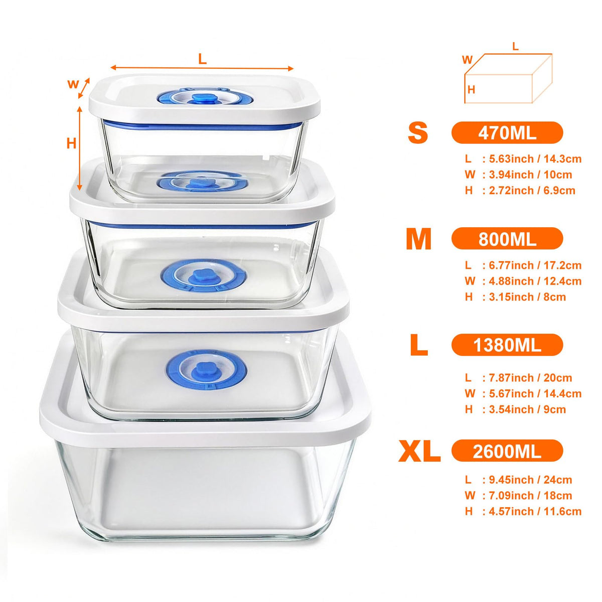 PARAPOINT Vacuum Seal Borosilicate Glass Containers for Food Storage, 4 Sizes (S M L XL) Compatible with Desktop and Handheld Vacuum Sealer Machines, Airtight Lid Set