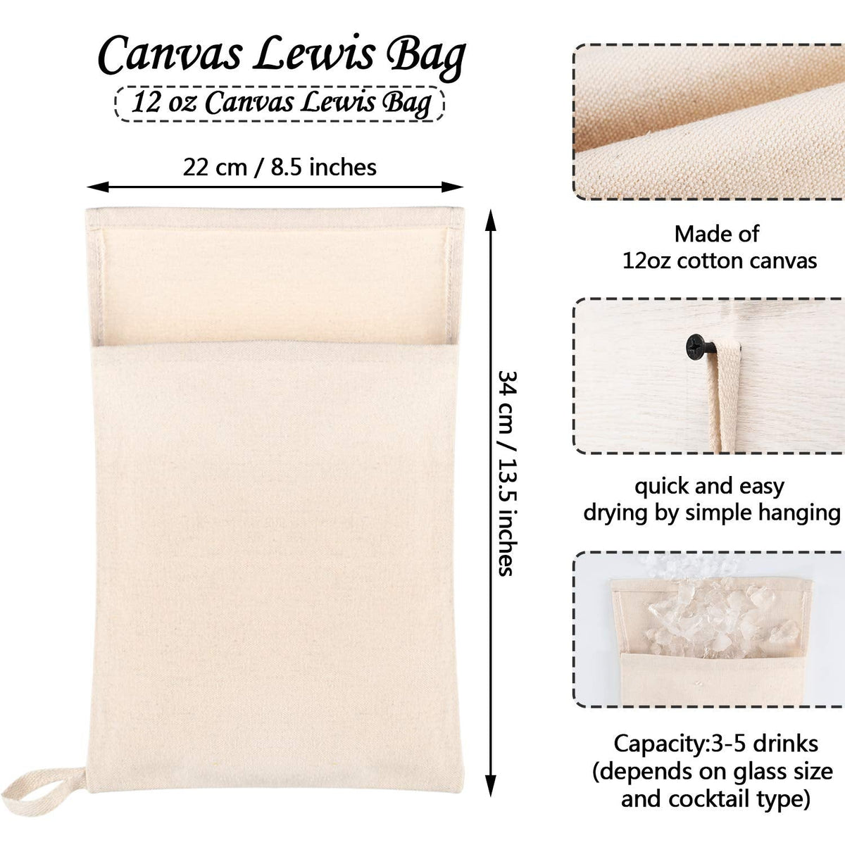 Boao 4 Pcs Canvas Lewis Ice Crusher Bag Reusable Crushed Ice Packs 13.5 x 8.5 inches Professional Bartender Kit for Home Party Bar Kitchen