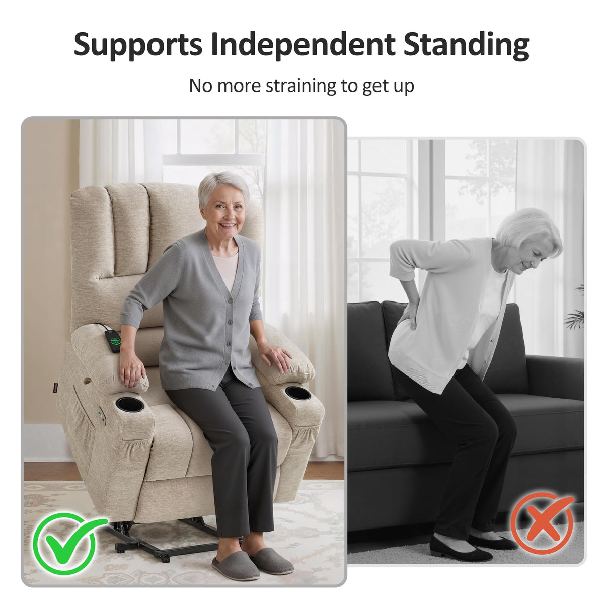 MCombo Power Lift Recliner Chair for Elderly, Lift Chair with Heat and Massage, USB &Type C Ports, Cup Holders, Fabric 7095 (Medium, Beige)