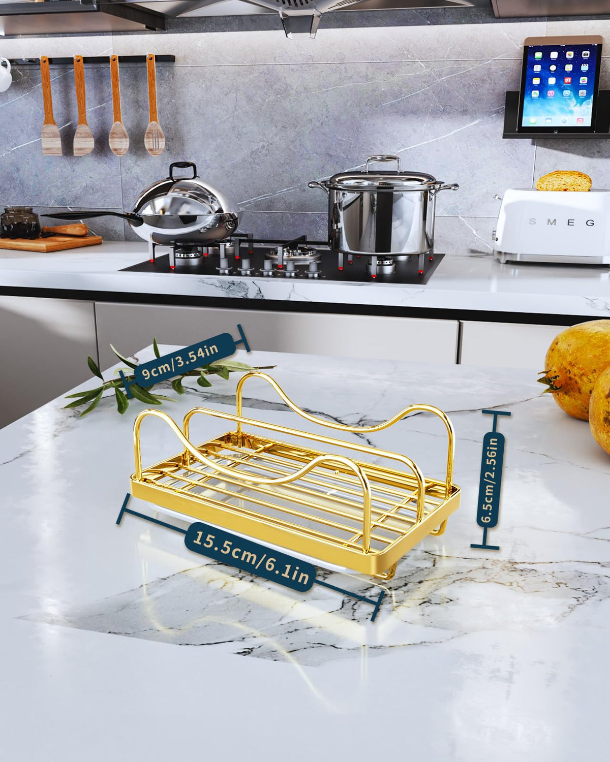 Consumest Sponge Holder for Kitchen Sink - Movable Sink Caddy for Countertop Organizer, 304 Stainless Steel Sponge Holder with Detachable Drip Tray for Kitchen Accessories, Gold