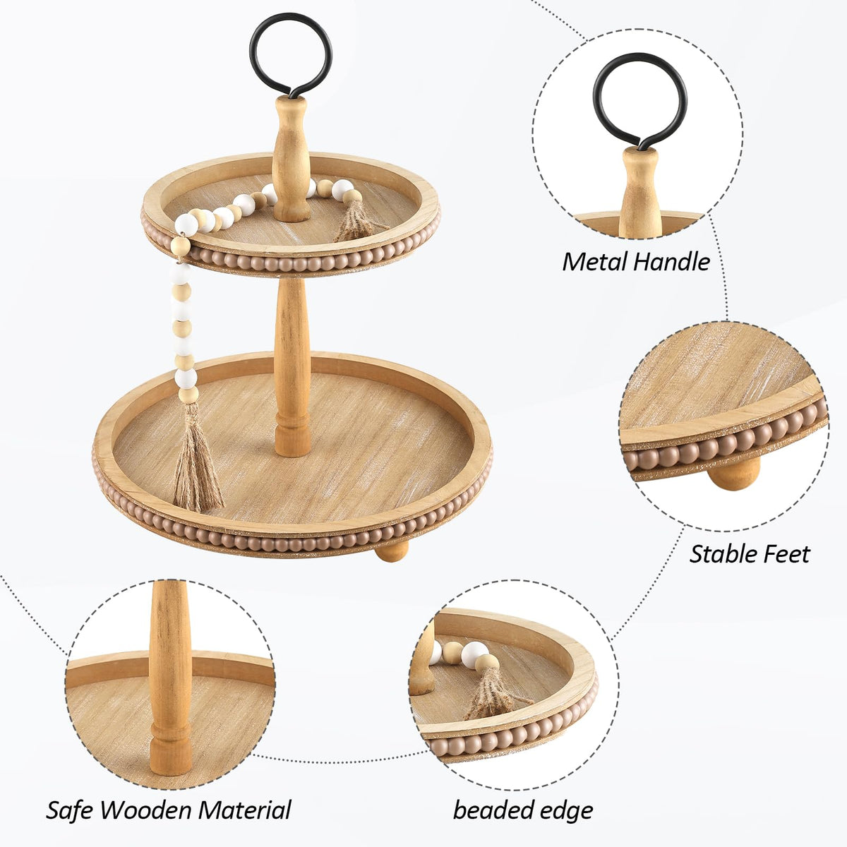 Beaded Tiered Tray Stand, Rustic Wooden 2 Tier Decorative Tray with Bead Garland, Farmhouse Round Wood Serving Tray Counter Centerpiece for Coffee Bar Home Decor Holiday Housewarming Gifts (Brown)